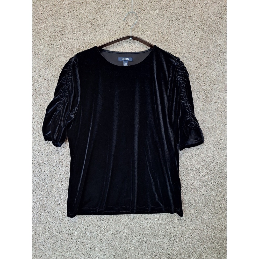 Chaps Blouse Top Womens L Black Velvet Stretch Ruched Sleeve Round Neck Pullover